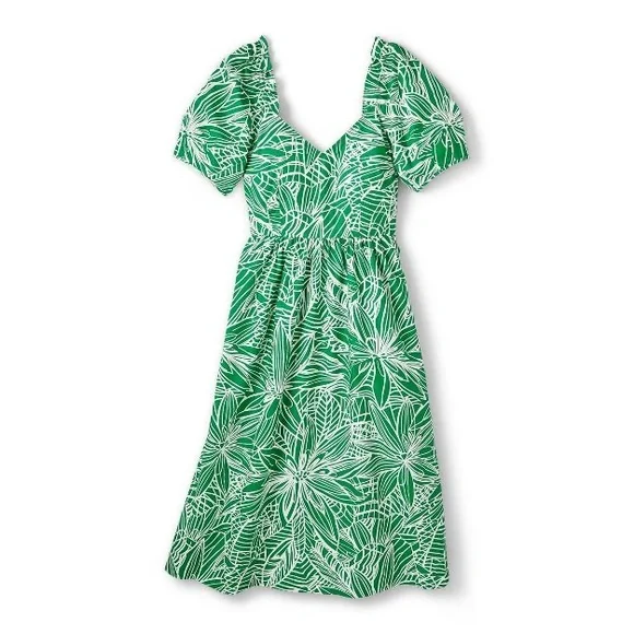 🌿 NWT! Floral Print Puff Sleeve Tie-Back Dress - Tabitha Brown for Target Green - Picture 9 of 10